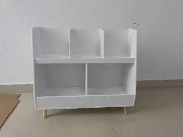 Kids Bookshelf and Toy Organizer, 5 Cubbies Wooden Open Bookcase, 2-Tier Baby Storage Display Organizer with Legs, Free Standing for Playing Room, Bed