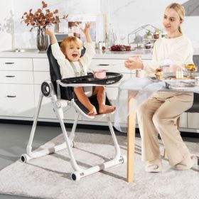 Baby High Chair Foldable Feeding Chair with 4 Lockable Wheels (Color: Black)
