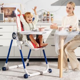Baby High Chair Foldable Feeding Chair with 4 Lockable Wheels (Color: Red)