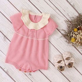 Baby Girl 1pcs Solid Color Ruffle Design Short Sleeve Knitted Onesies (Color: Pink, Size/Age: 90 (12-24M))