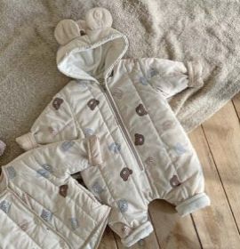 Baby Bear Print Pattern Quilted Warm Coat & Jumpsuit (Color: Beige, Size/Age: 90 (12-24M))