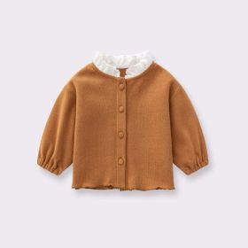 Baby Girl Solid Color Ruffle Neck Single Breasted Design Coat (Color: Brown, Size/Age: 110 (3-5Y))