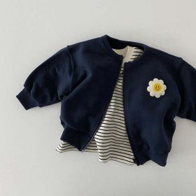 Baby Girl Little Sunflower Patches Pattern Zipper Front Design Cotton Coat (Color: Navy Blue (Dark Blue), Size/Age: 100 (2-3Y))