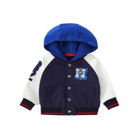 Baby Boy Embroidered Pattern Colorblock Design Cool Coat (Color: Blue, Size/Age: 130 (7-8Y))