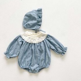 Baby Boy And Girl Floral Embroidered Collar Puff-Sleeved Design Onesies With Hat (Color: Blue, Size/Age: 80 (9-12M))