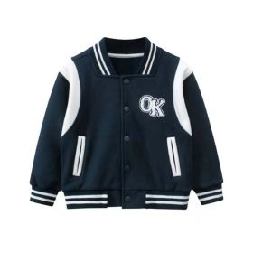 Baby Boy Letters Embroidered Pattern Contrast Design Baseball Coat (Color: Navy blue, Size/Age: 110 (3-5Y))