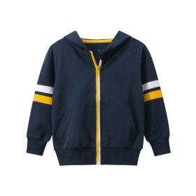 Baby Boy Striped Sleeves Design Zipper Front Solid Color Casual Coat (Color: Navy blue, Size/Age: 100 (2-3Y))