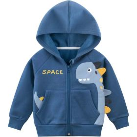 Baby Cartoon Dinosaur Graphic Zipper Front Fleece Coat With Hat (Color: Navy blue, Size/Age: 90 (12-24M))