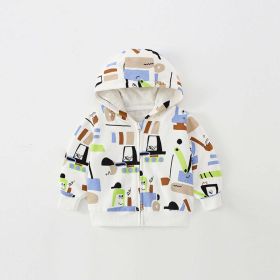 Baby Boy Cartoon Trcuk Print Pattern Zipper Coat With Hat (Color: White, Size/Age: 130 (7-8Y))