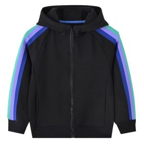 Baby Boy Side Colorful Striped Pattern Zipper Front Design Coat With Hat (Color: Black, Size/Age: 150 (10-12Y))