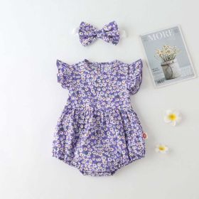 Baby Girl Floral Print Onesies With Headband In Summer Outfit Wearing (Color: Purple, Size/Age: 90 (12-24M))