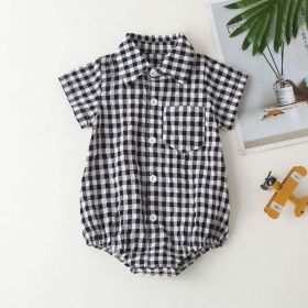 Baby Boy Plaid Pattern Buttoned Shirt With Pockets Onesies In Summer (Color: Black, Size/Age: 80 (9-12M))