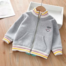 Baby Boy Back Cartoon Dinosaur Graphic Striped Cuff & Hem Design Fleece Thickened Coat (Color: Grey, Size/Age: 130 (7-8Y))
