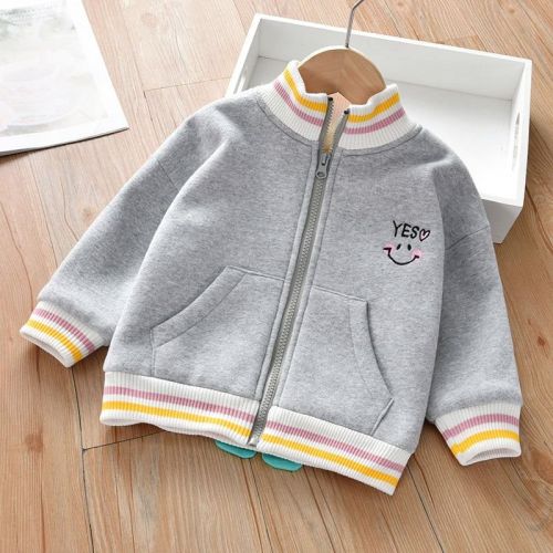 Baby Boy Back Cartoon Dinosaur Graphic Striped Cuff & Hem Design Fleece Thickened Coat