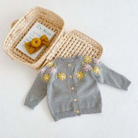 Baby Girl 1pc Floral Embroidered Graphic Single Breasted Knitted Coat Cardigan (Color: Grey, Size/Age: 73 (6-9M))