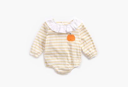 Baby 1pcs Cartoon Orange Print Striped Pattern Ruffle Neck Onesies (Color: Yellow, Size/Age: 73 (6-9M))