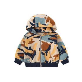Baby Boy Camouflage Pattern Zipper Design Coat With Hat (Color: Blue, Size/Age: 130 (7-8Y))