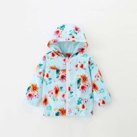 Baby Girl Floral Pattern Zipper Front Design Windbreaker Coat (Color: Blue, Size/Age: 130 (7-8Y))