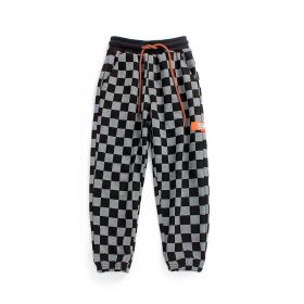 Baby Boy Checkerboard Print Pattern Fleece Thickened Pants (Color: Black, Size/Age: 140 (8-10Y))